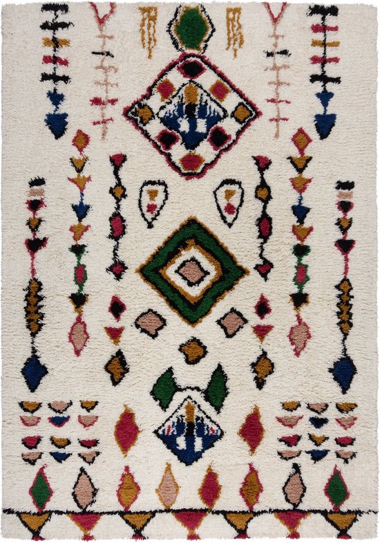 Flycarpets Tapis à Poils Hauts - Berbère Design Fes - 100% Laine - Shaggy - Multi 120 x 170 cm
