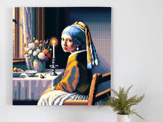 Pixel art vermeer schilderij | Vermeers meesterwerk tot leven gebracht in pixel-perfecte kunstvorm | Kunst - 20x20 centimeter op Dibond | Foto op Dibond