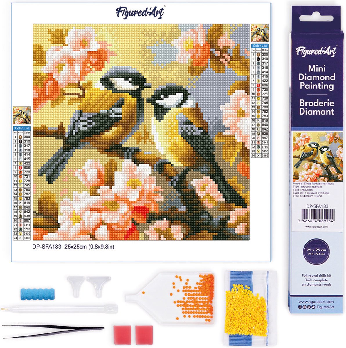 Figured'Art Mini Diamond Painting set Volwassenen 25x25 cm Paar Vogels tussen Bloesems - 5D DIY Art full drill ronde diamant - Opgerold canvas