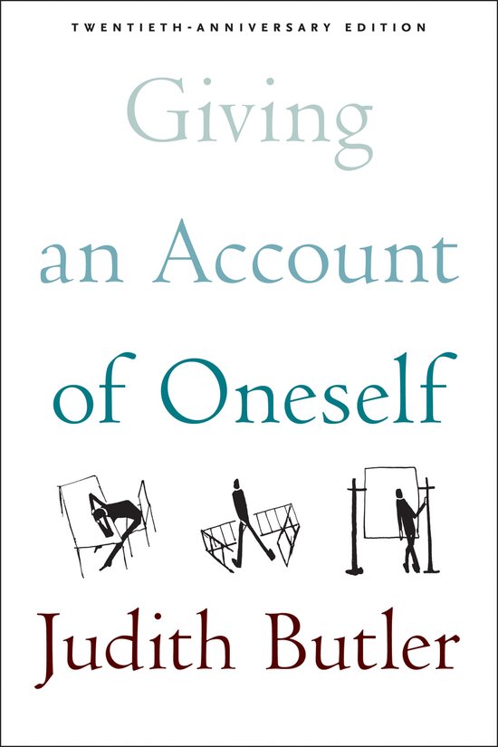 Livre 'Giving an Account of Oneself' par Judith Butler, avec trois croquis de silhouettes.