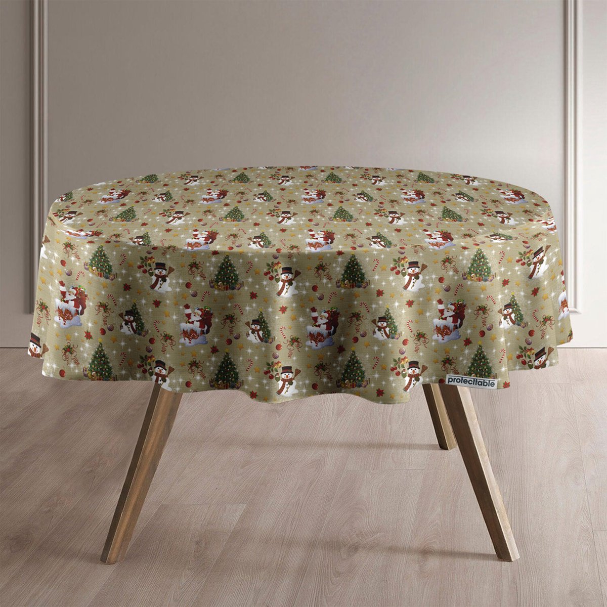 Protecttable - Rond Kerst Tafelzeil Kerstman Goud Ø138cm - Tafelkleed Afwasbaar - Kunststof