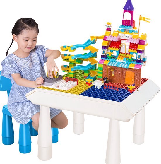 Foto:  premium kwaliteit extra grote kindertafel met 2 stoeltjes kinderen bouwtafel set blokkentafel speeltafel blokken tafel kinderen constructie speelgoed 2 3 4 5 6 7 8y geschikt voor duplo grote bouwstenen