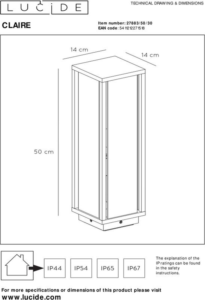 Lucide Claire - Sokkellamp - 1xE27 - IP54 - Antraciet