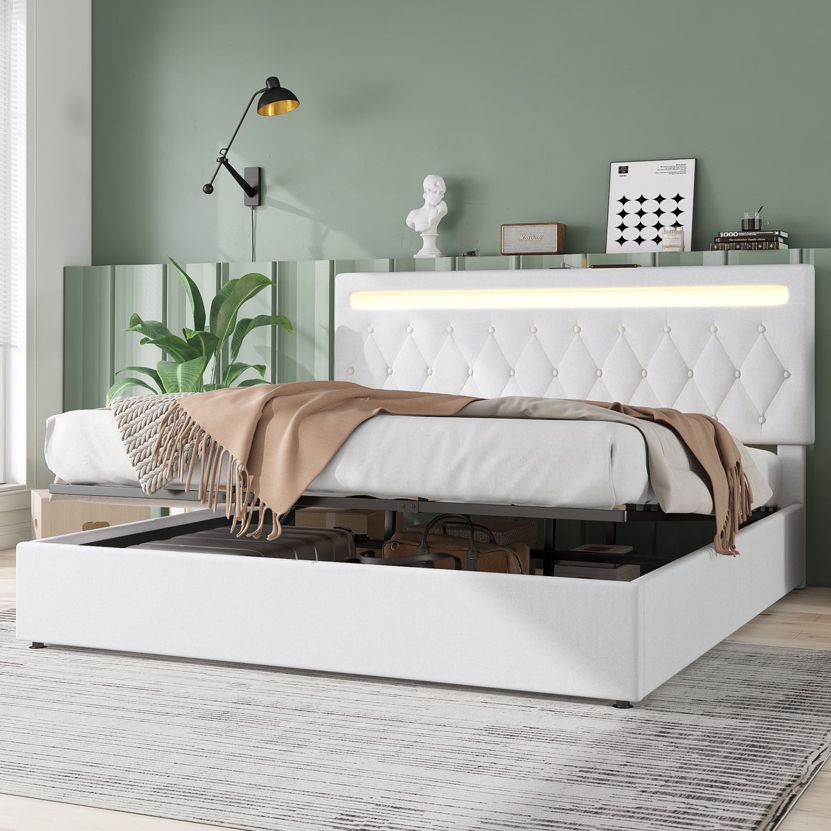 Merax Kingsize Bed 180x200cm met LED-Verlichting en USB Aansluiting - Gestoffeerd Bed met Hydraulisch Opbergruimte - Wit