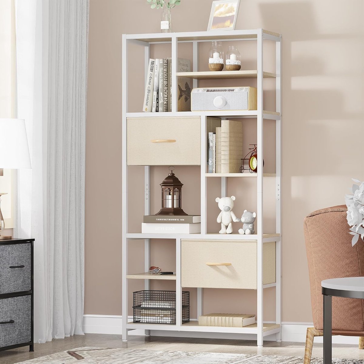 Goodivery ® Industrieel Boekenkast met 7 Planken en Laden, Vloer tot Plafond, Geschikt voor Woonkamer, Kantoor, Keuken