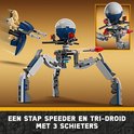 LEGO Star Wars: een speeder en tri-droid met 3 schieters, met clone troopers en battle droids.