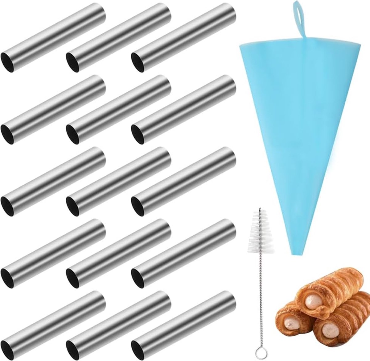 Cannoli bakvorm RVS bakvorm voor eekhoorns Foamrollers set met reinigingsborstel en spuitzak voor het maken van croissants roombroodjes