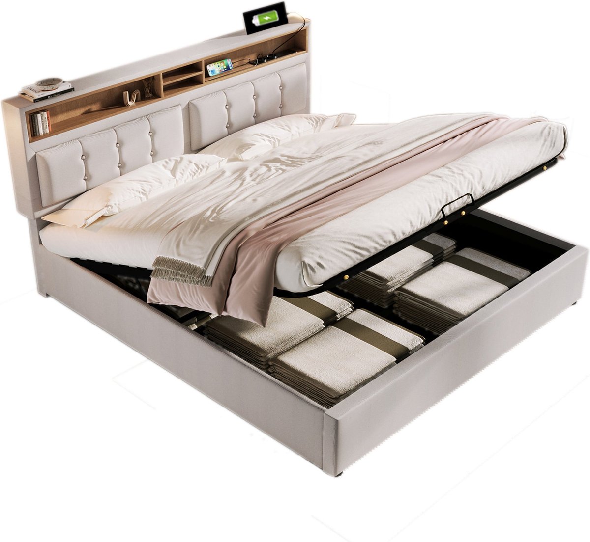 Merax Gestoffeerd Bed met USB Type-C Oplaadfunctie en Opbergruimte - 140 x 200 cm - Beige Linnen - Met Houten Lattenbodem - Zonder Matras