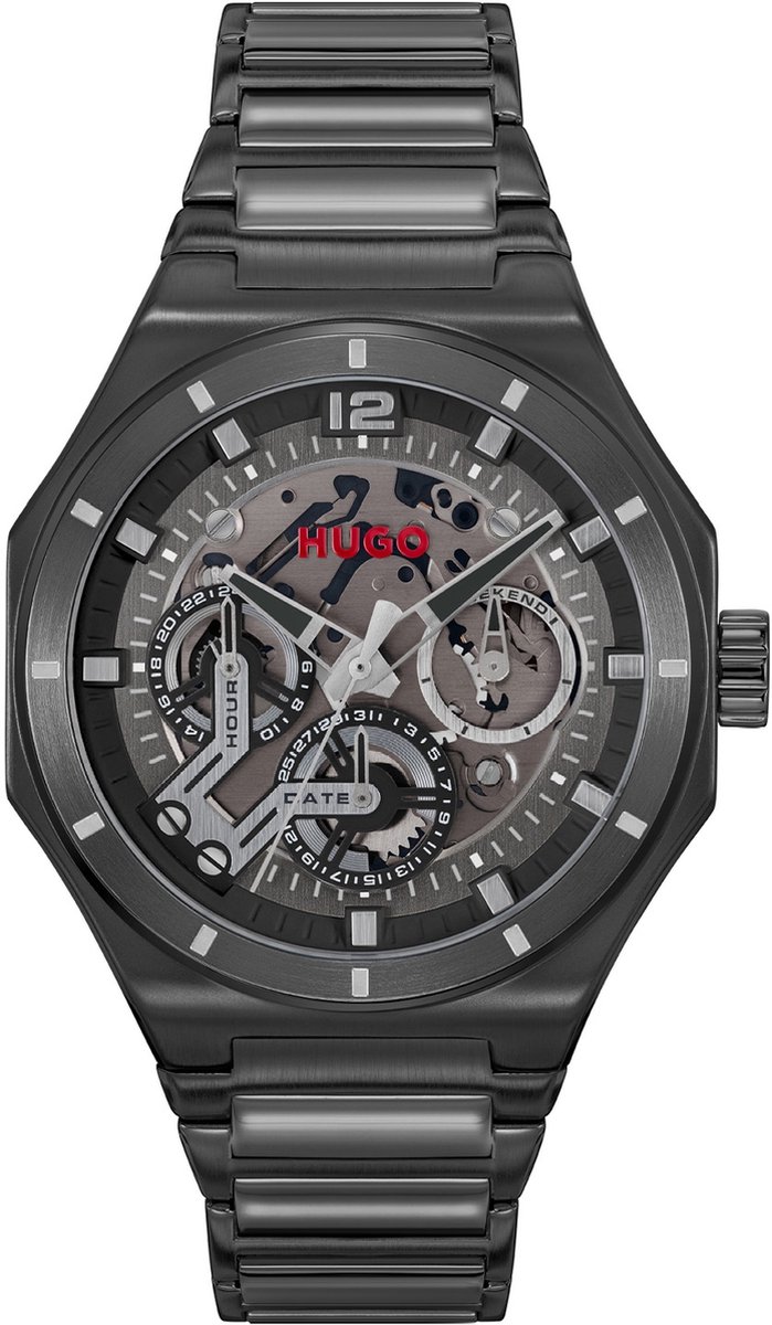 HUGO HU1530379 #GRAIL SKELETON Heren Horloge - Mineraalglas - Staal - Zwart - 44 mm breed - Quartz - Vouw-Vlindersluiting - 5 ATM (douchen)