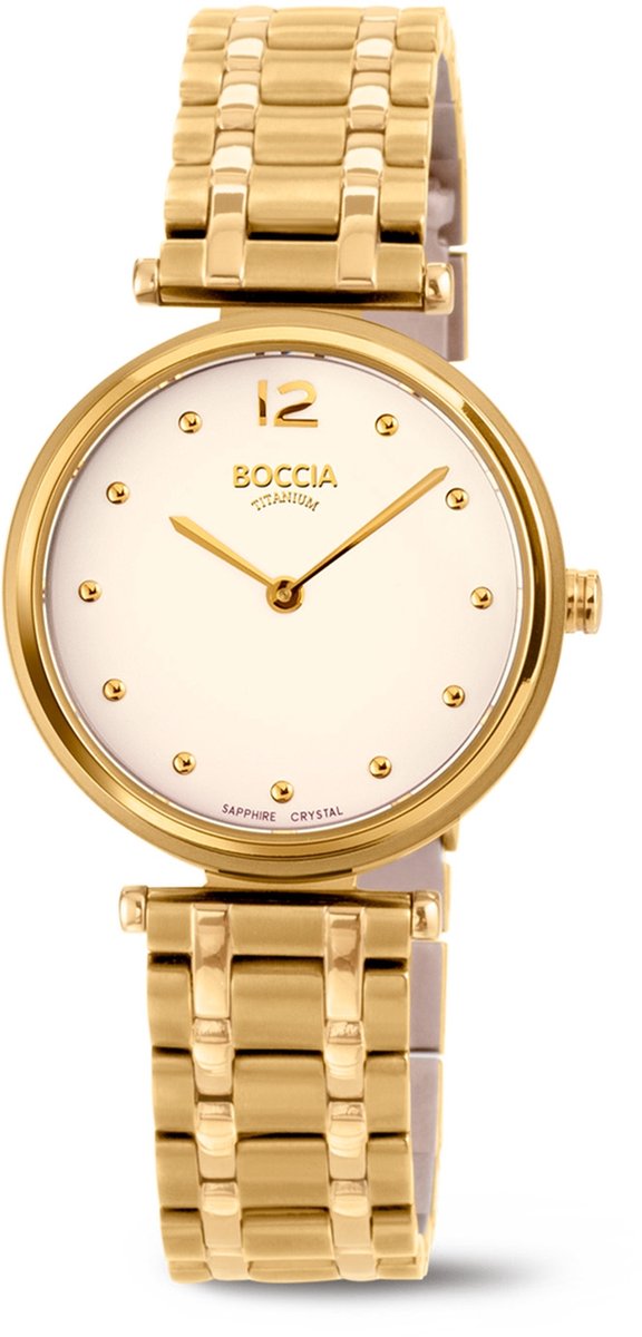 Boccia Titanium 3349-04 Dames Horloge - Saffierglas - Goudkleurig - 30 mm breed - Quartz - Vouw-Vlindersluiting - 5 ATM (douchen)