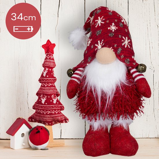 Gnome rouge fait main avec éclairage LED et cloches - 34(56)cm