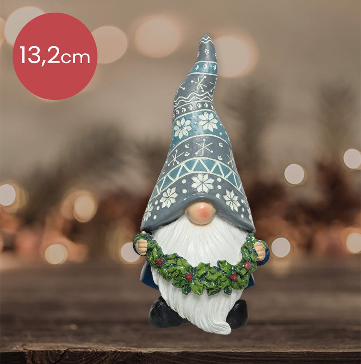 Blauwe polyresin gnoom met guirlande en glitter - 13,2cm