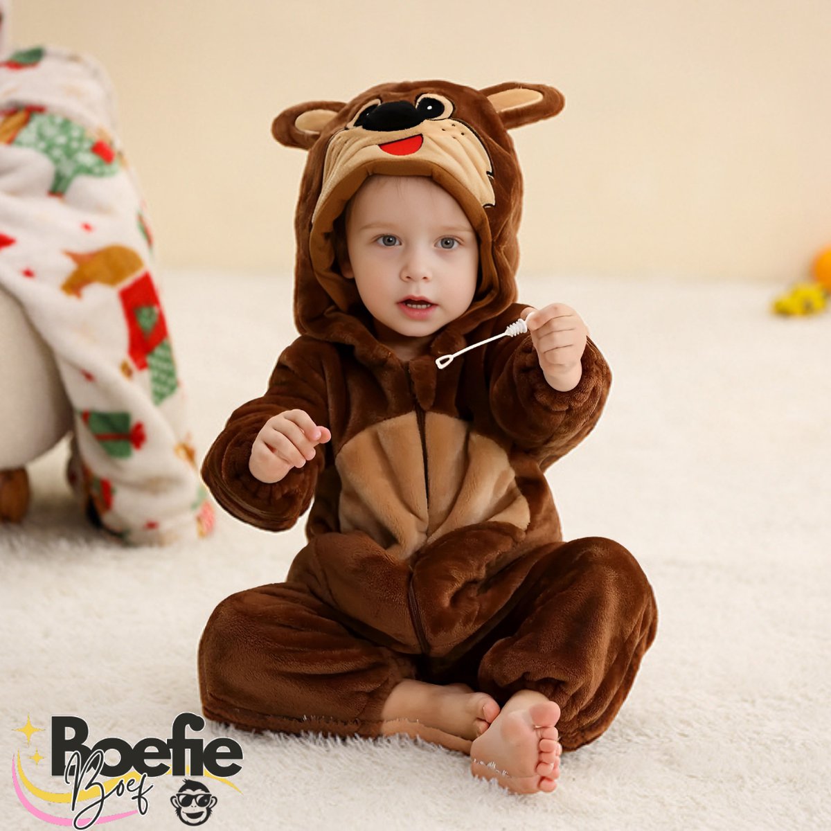BoefieBoef Dieren Baby Onesie Peuter Pyjama Kinderen 6 maanden tot 2 jaar – Verkleedkleding met Luierrits – Carnaval Dierenpak - Halloween en Kraamcadeau Tip – Zacht Flanel - Romper - Boxpak - Jongens - Meisjes - Kruippak - Kangoeroe - Bruin — afbeelding 6