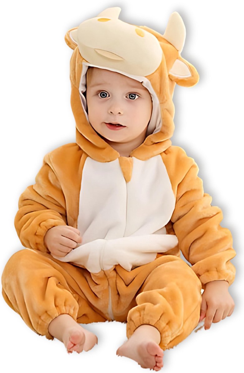 BoefieBoef Dieren Baby Onesie Peuter Pyjama Kinderen 6 maanden tot 2 jaar – Verkleedkleding met Luierrits – Carnaval Dierenpak - Kerst en Kraamcadeau Tip – Flanel - Romper - Boxpak - Jongens - Meisjes - Kruippak - Winterpak - Koe - Stier - Bruin