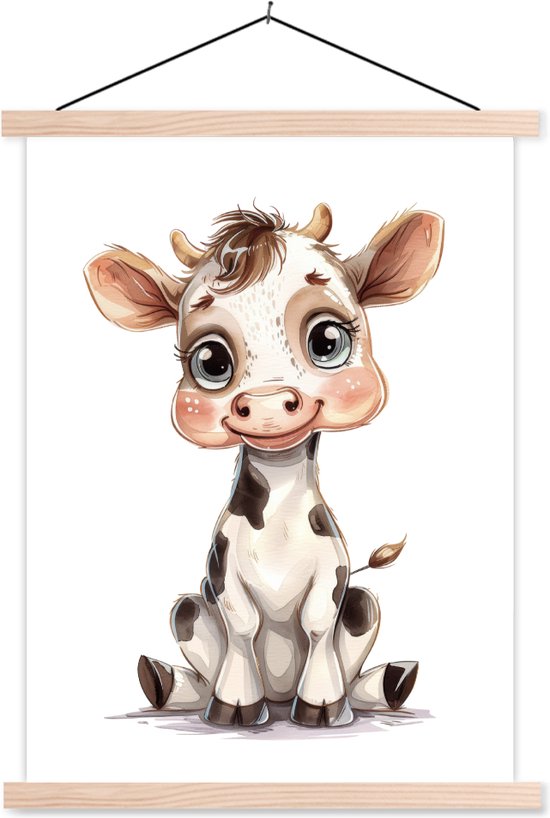 Posterhanger incl. Poster 60x80 cm - Schoolplaat - Koe - Baby dier - Boerderij dieren - Textielposter - Blanke latten