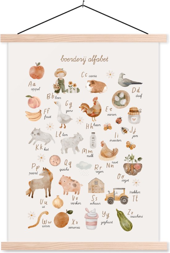 Posterhanger incl. Poster 60x80 cm - Schoolplaat - Alfabet - Boerderij - Educatief - Letters leren voor kinderen - Dieren - Textielposter - Blanke latten