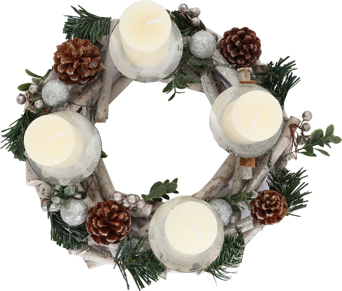Adventskrans MCW-M12, adventsarrangement tafelkrans kerstdecoratie tafeldecoratie hout zilver wit Ø 30cm ~ met kaarsen – foto 3
