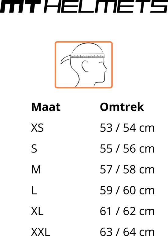 Tabel met maten en omtrek in het Nederlands, met schematische weergave van hoofdomtrekmeting.
