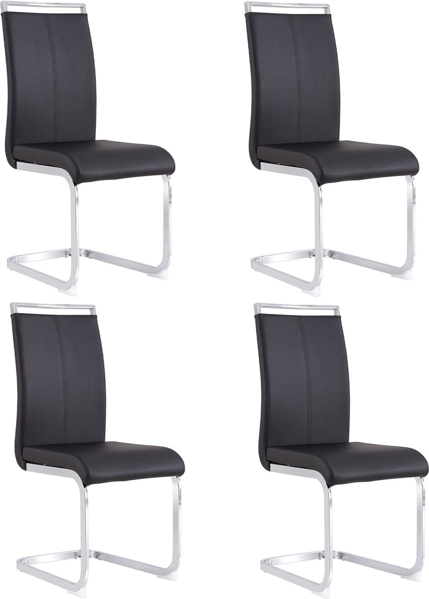 Merax Set van 4 Eetkamerstoelen – Zwart Kunstleder - Verchroomd Metaal - Ergonomisch Design - Belastbaar tot 120 kg