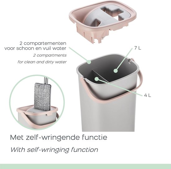 Compacte Platte Dweil met Zelfreinigend Dweilsysteem - Efficiënte Vloerwisser met Microvezeldoek - Hygiënische Emmer met Wringer - Geschikt voor Alle Vloertypes
