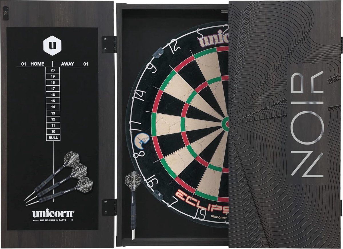 Dartbord met Zwarte Kast en Afveegbaar Scorebord - Inclusief 2 Dartsets en Sisal Borstelbord