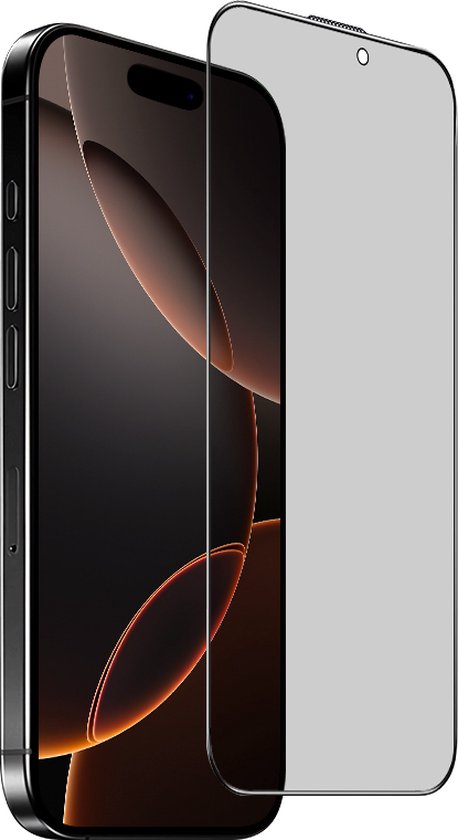 Donker getint gehard glas privacy screenprotector met uitsparing voor de frontcamera, naast een donkere smartphone.