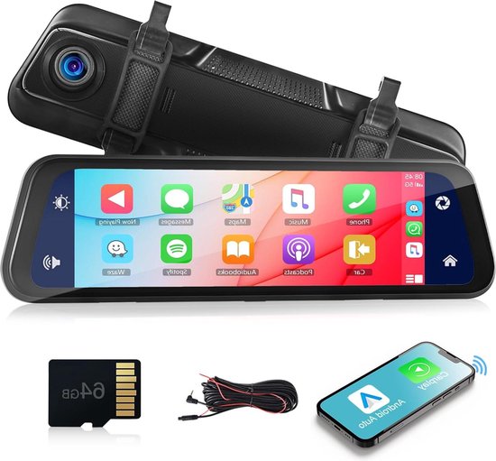 11.26 inch big screen Carplay car supports wireless Carplay and Android Auto, 2.5K 1080P Dashcam for Rear with Bluetooth Link Mirror TF Card 64G