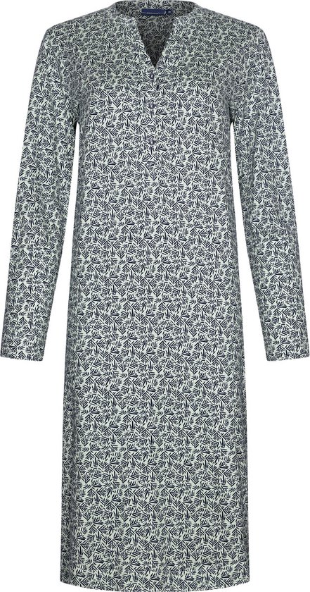 Wit nachthemd met lange mouwen en een all-over donkerblauwe bladerprint. V-hals met knoopjes.
