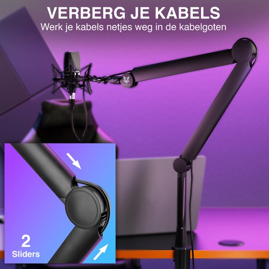 Bras de microphone noir avec passages de câbles et 2 curseurs pour une gestion soignée des câbles.