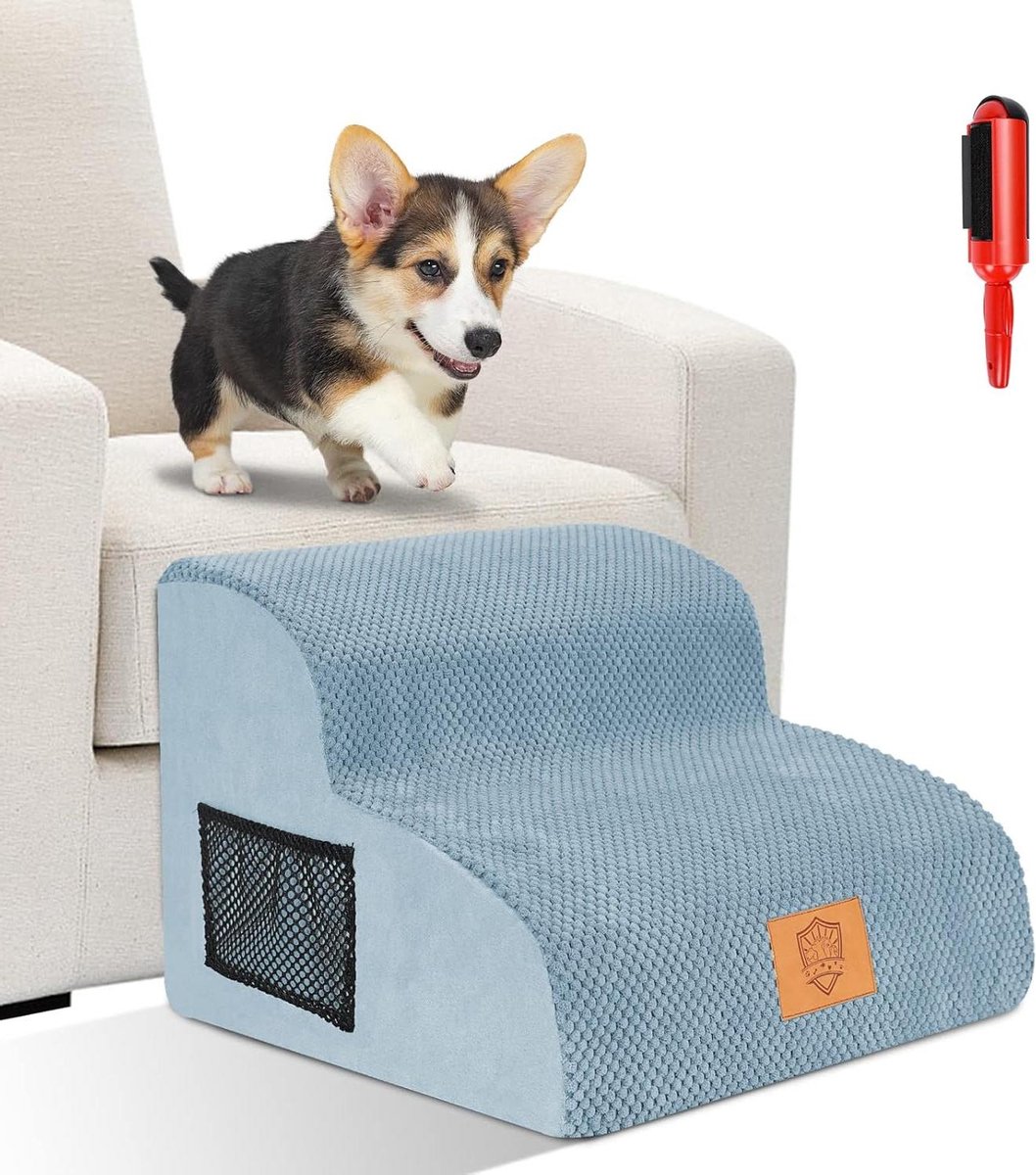 Hondentrap 2 treden draagbaar huisdiertrap voor kleine honden en katten - spons met hoge dichtheid - afneembare en wasbare stoffen hoes - antislip hondenhelling voor bank en bed - blauw