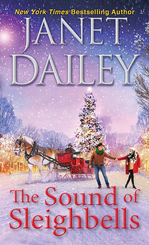Boekomslag 'The Sound of Sleighbells' van Janet Dailey, met een koppel bij een arrenslee in een besneeuwd kerstlandschap.