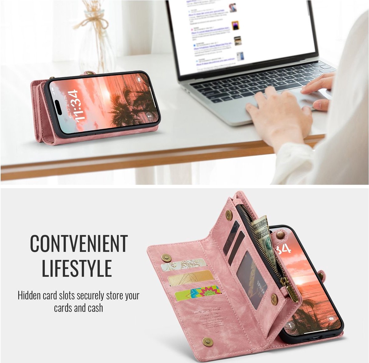 Caseme Telefoonhoesje geschikt voor Apple iPhone 16 Hoesje | Caseme 008 Uitneembare 2in1 Bookcase Portemonnee | Pasjeshouder voor 8 Pasjes | Telefoonhoesje voor Pinpas / OV Kaart / Rijbewijs - Roze