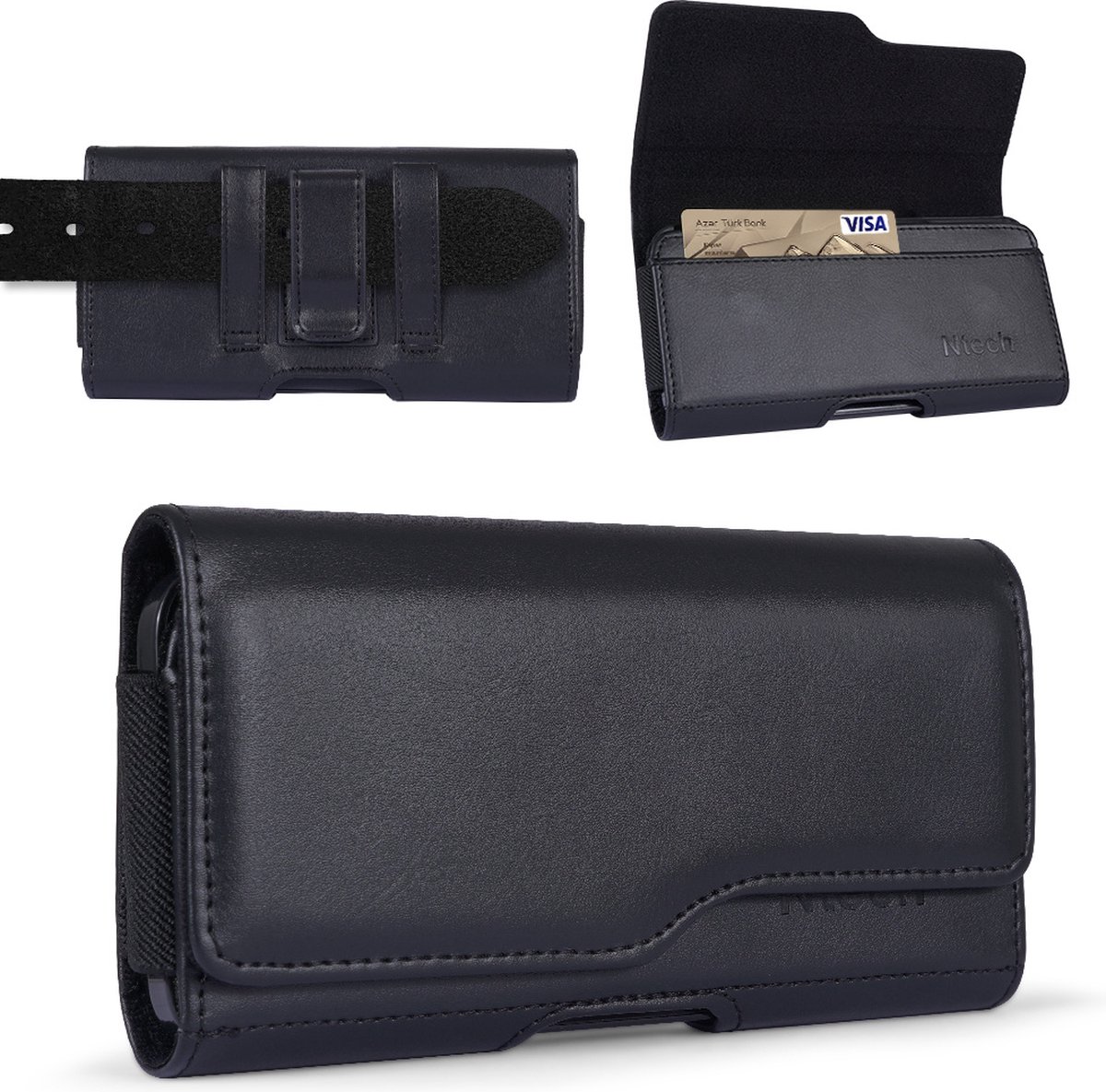 Ntech Universeel Zwart Riem Holster PU Lederen Case voor de OnePlus 7 / 7 Pro / 6