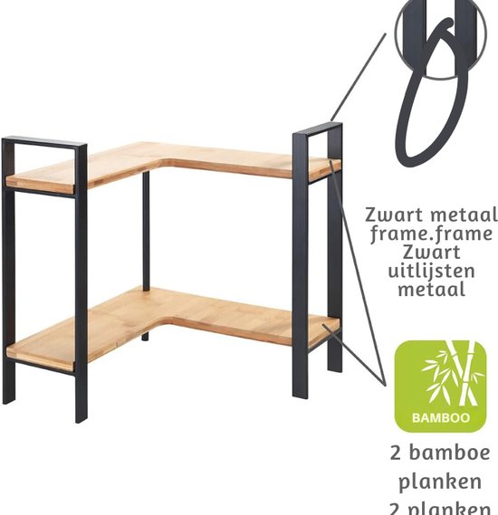 Wenko 53029100 Lou Keukenrek, stijlvol keukenrek voor het keukenblad van metaal met planken van bamboe, twee etages voor meer opbergruimte in de keuken, (B x H x D