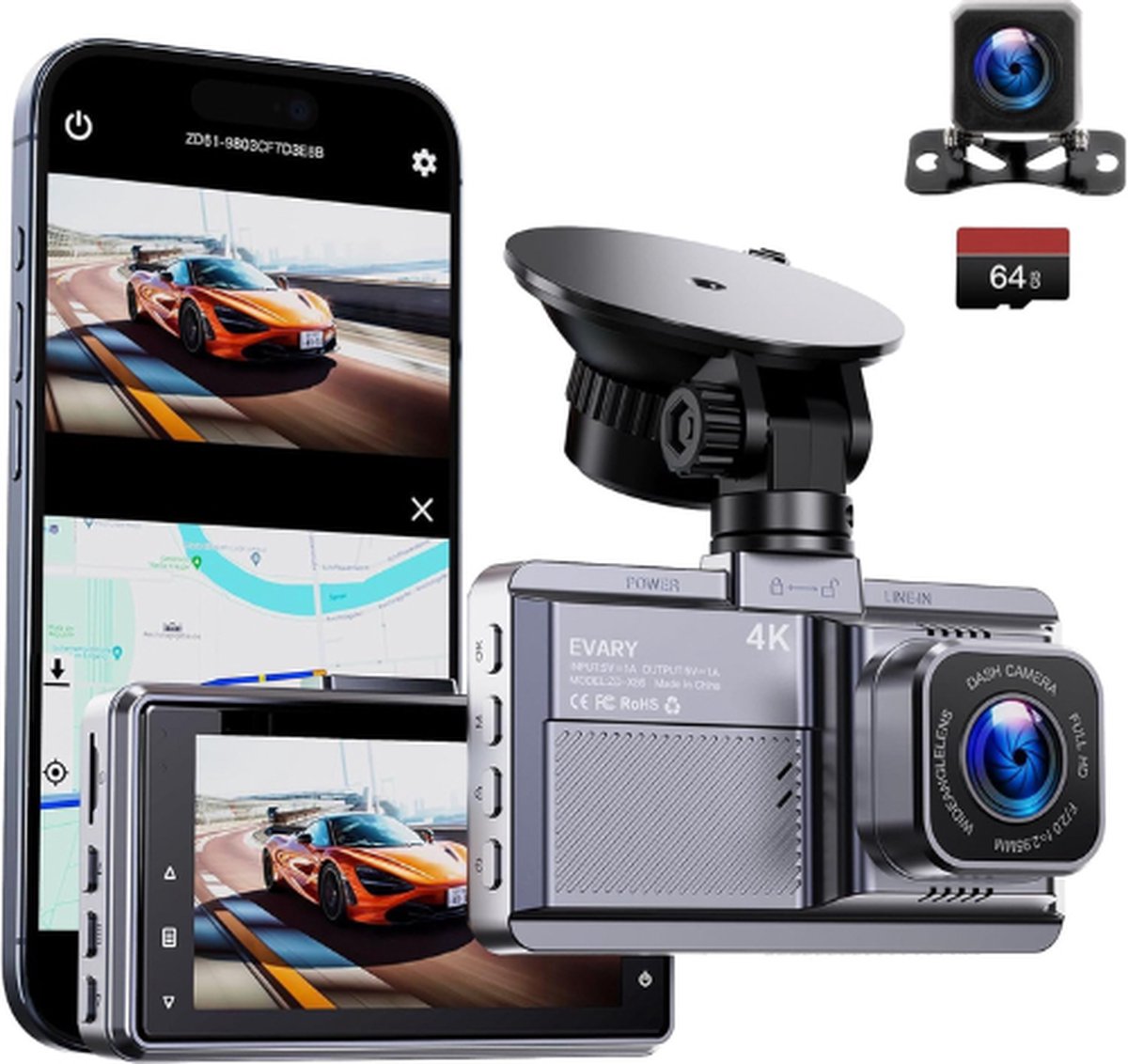 EVARY® Dashcam Voor Auto - Dual Dashcam Voor Auto - Dashcam Auto - Dashcam Voor Auto Voor en Achter - Dashcam Auto Voor en Achter - Dashcam Voor Auto Met Wifi - Dashcam Wifi