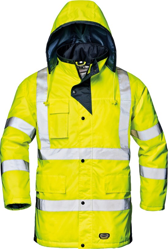 Gele parka werkjas met capuchon, reflecterende strepen op romp, mouwen en met een donkerblauwe voering.