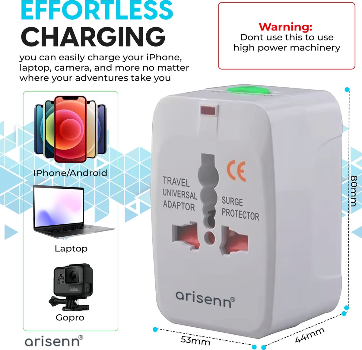 Arisenn® Wereldreiziger + USB : Alles-in-één Reisstekker voor 150+ Landen | USB & AC | Compact & Lichtgewicht | Perfect voor Reis & Thuis | 2 USB ports — cadeau in Gadgets - foto 8