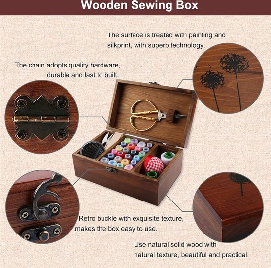 Houten Naaimand Draagbare - Naaidoos met complete Naai benodigdheden - voor Reizen Thuis Noodgebruik - Universele Hand Thuis Naai Reparatie Gereedschap Set - voor Volwassen Kind Beginner Naaiset#4 kamperen voor beginners van Houten — afbeelding 3