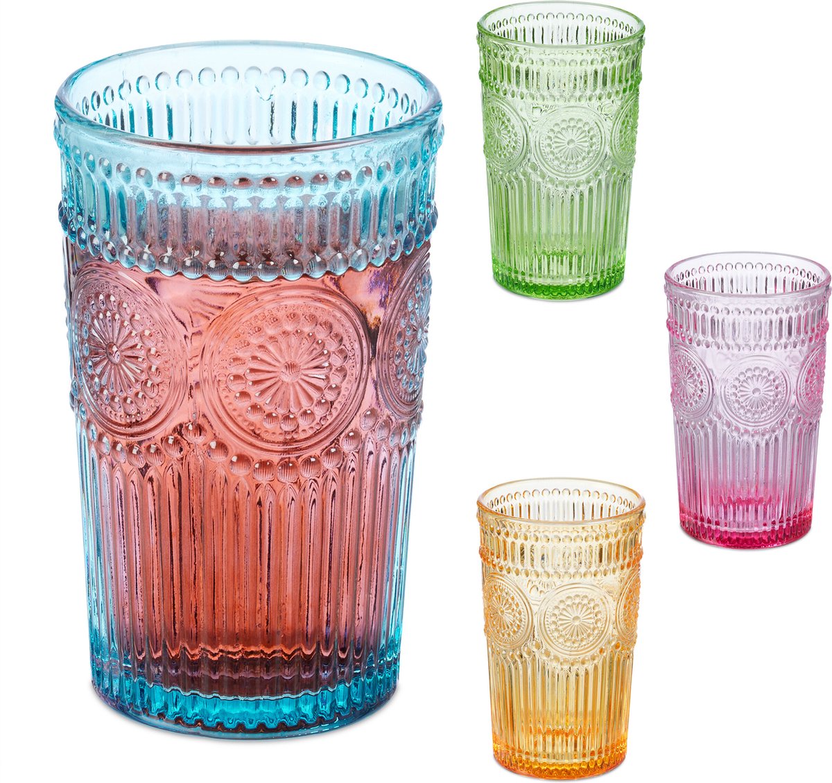 drinkglazen - set van 4 - 360 ml - vintage - vaatwasserbestendig - gekleurd
