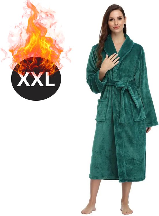 Nivard Badjas Dames - Fleece - Katoen - Badstof - Sauna - Hamam - Wafel - Bathrobe - Duster - Ochtendjas - Spa - Kimono - Groen XXL