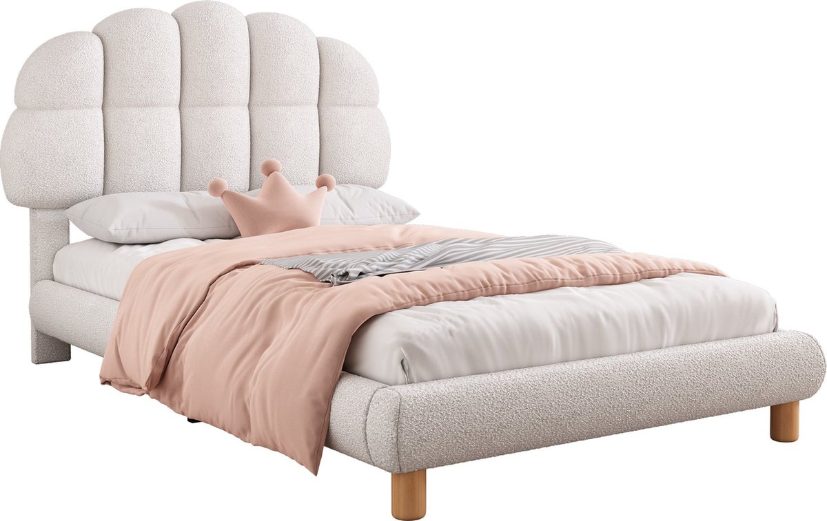 Merax Luxe Gestoffeerd Eenpersoonsbed 90x200 cm met Fluwelen Bekleding - Bed met Verstelbaar Hoofdbord en Houten Lattenbodem - Wit