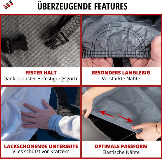 Kenmerken van Walser autohoes: stevige bevestigingsriemen, verstevigde naden, zachte onderkant, elastische naden.