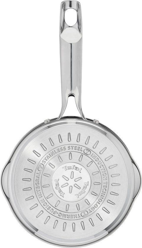 Onderkant van een roestvrijstalen steelpan met Tefal logo en inductieaanduiding.