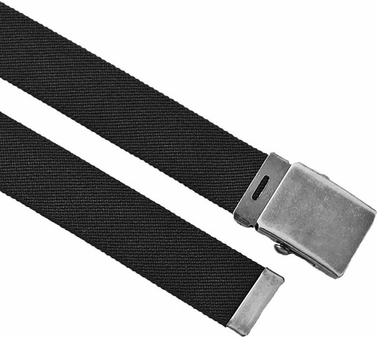 Ceinture en toile noire avec boucle et pointe en métal.