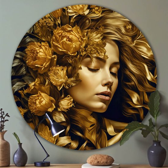 Foto: Muurcirkel gouden elegantie 60 x 60 cm bloemen vrouw inclusief bevestiging aluminium wandcirkel voor binnen en buiten woonkamer metalen wanddecoratie muurdecoratie rond schilderij goud zwart