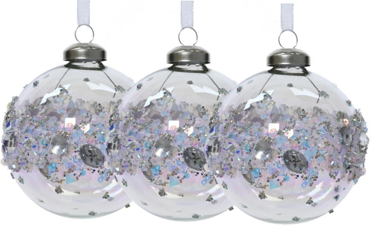 Bol.com Decoris Luxe kerstballen - 3x stuks - 8 cm - transparant parelmoer - glas - gedecoreerd aanbieding