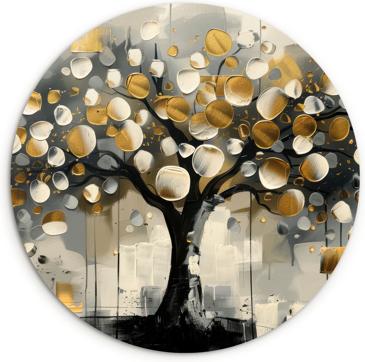 WallCircle Wandcirkel 90x90 cm - Muurcirkel Boom - Abstract - Beige - Goud - Zwart - Luxe - Modern - Muurdecoratie woonkamer - Wanddecoratie slaapkamer - Kamer decoratie accessoires - Ronde schilderijen - Woonaccessoires cirkel binnen