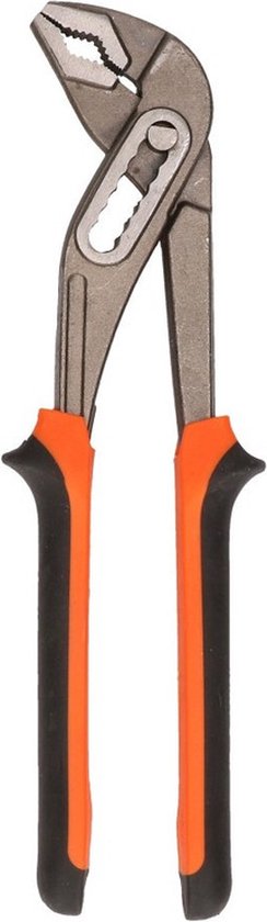 Waterpomptang met oranje en zwarte handgrepen. Metalen grijper en verstelbaar scharnier.