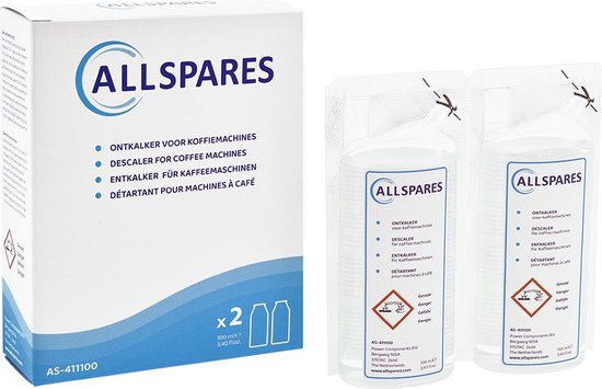 Verpakking met "ALLSPARES" logo en twee individuele "ALLSPARES" ontkalkerflesjes, x2 100ml.