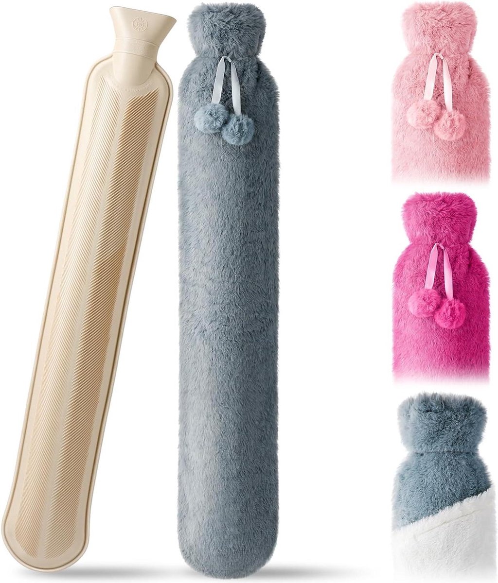 Goedkoopste Kruik Lange warmwaterkruik met lekvrije hoes - 2 liter - natuurlijk rubber - bedfles - wollig - nekwarmwaterkruik - 73 x 14 cm